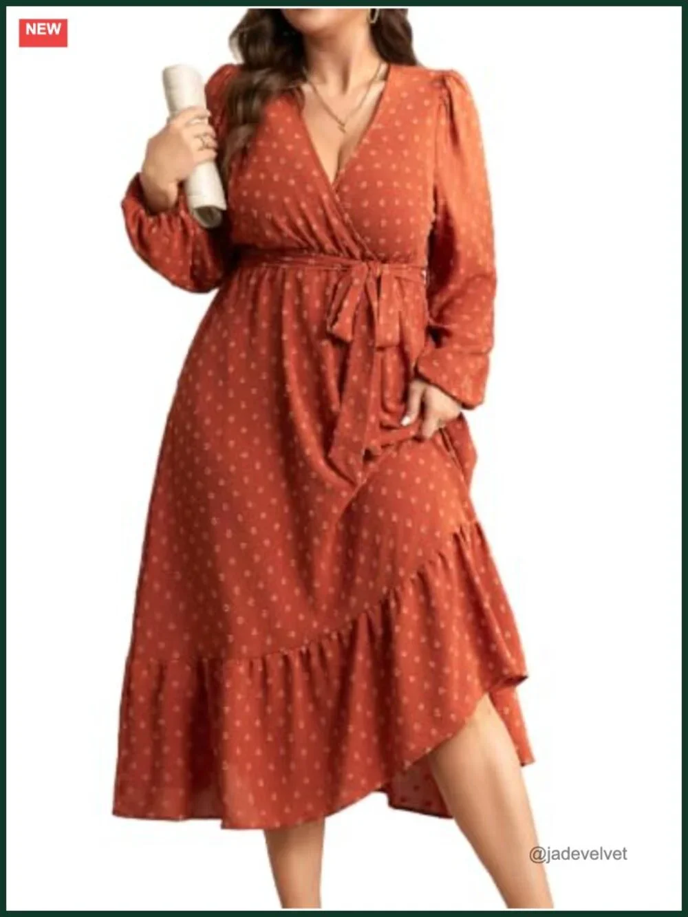 Plus Size Wrap V-Neck Long Sleeve Maxi Dress Swiss Dot with Pockets